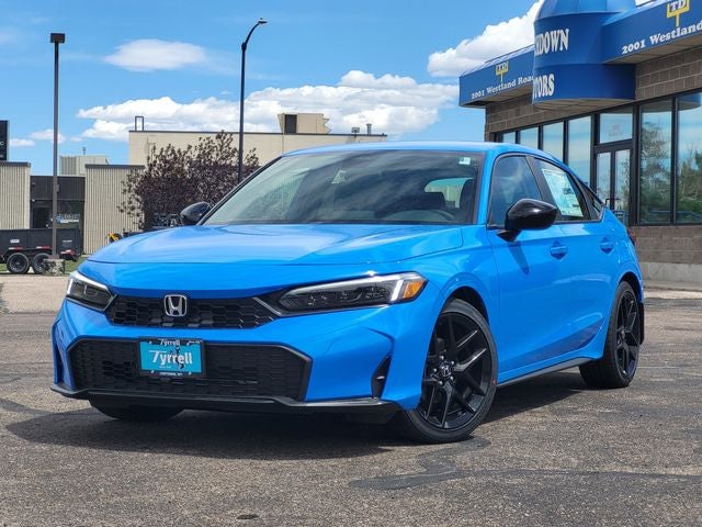 2026 Honda Civic Hatchback Sport in Boost Blue Pearl — front three-quarter view